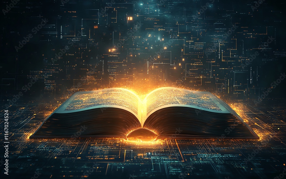 Aufkleber open book emitting a captivating glow, with ethereal light rays weaving into an abstract, technology