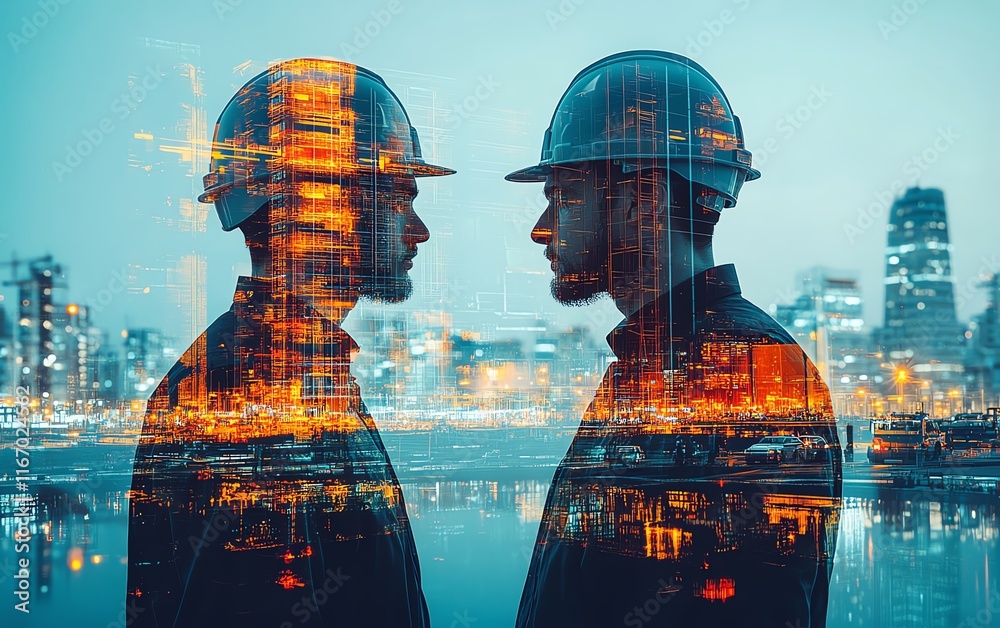 Poster futuristic construction engineering scene featuring double exposure of engineers and smart industry 