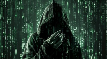 Dramatic hooded figure silhouette in a digital matrix environment symbolizing the threat of cyber attacks data breaches and other malicious hacking activities  The image conveys the dark mysterious