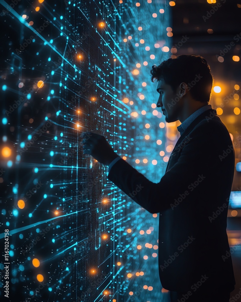 Poster Global business network concept with a businessman interacting with data exchanges in cyberspace, showcasing the importance of big data in modern digital transformation