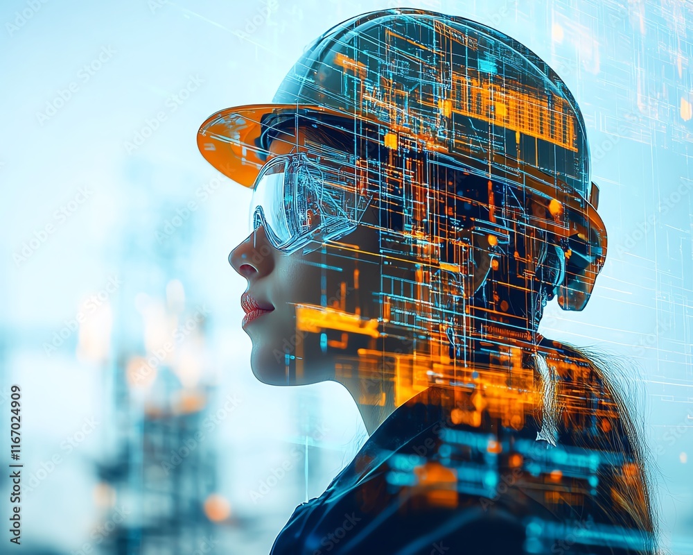 Poster innovative vision of building construction engineering, featuring a double exposure of engineers at 