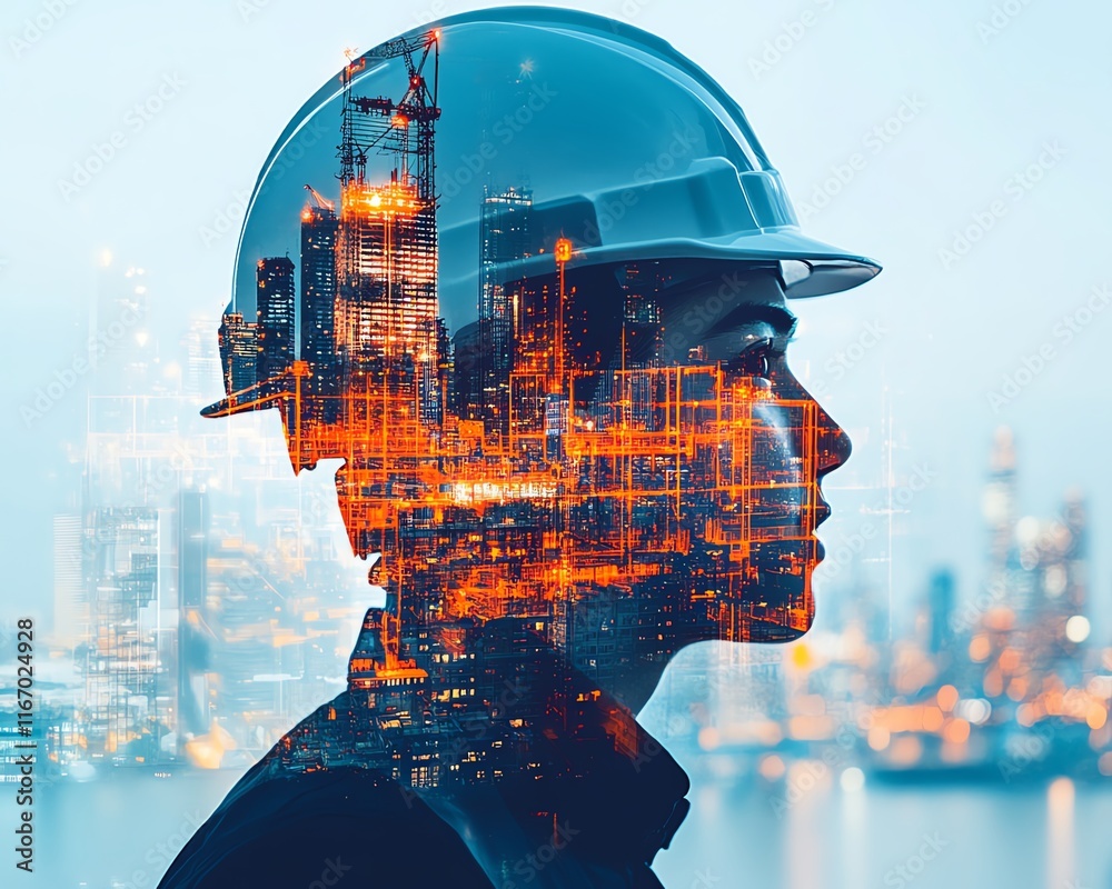 Poster innovative vision of building construction engineering, featuring a double exposure of engineers at 