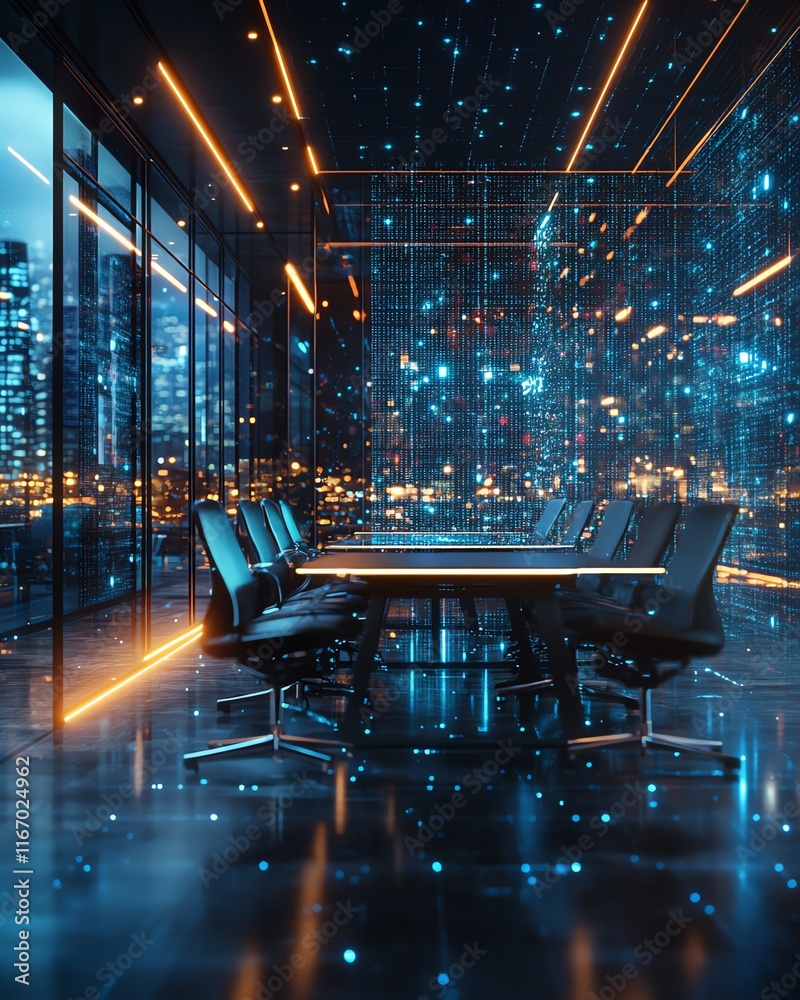 Poster virtual wireless technology hologram in a modern office setting, symbolizing the intersection of big