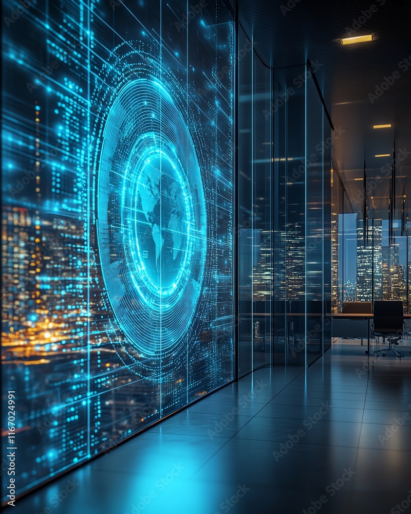 Poster virtual wireless technology hologram in a modern office setting, symbolizing the intersection of big