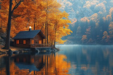 Fototapeta premium Autumn lake cabin surrounded by colorful foliage peaceful reflections in secluded nature retreat
