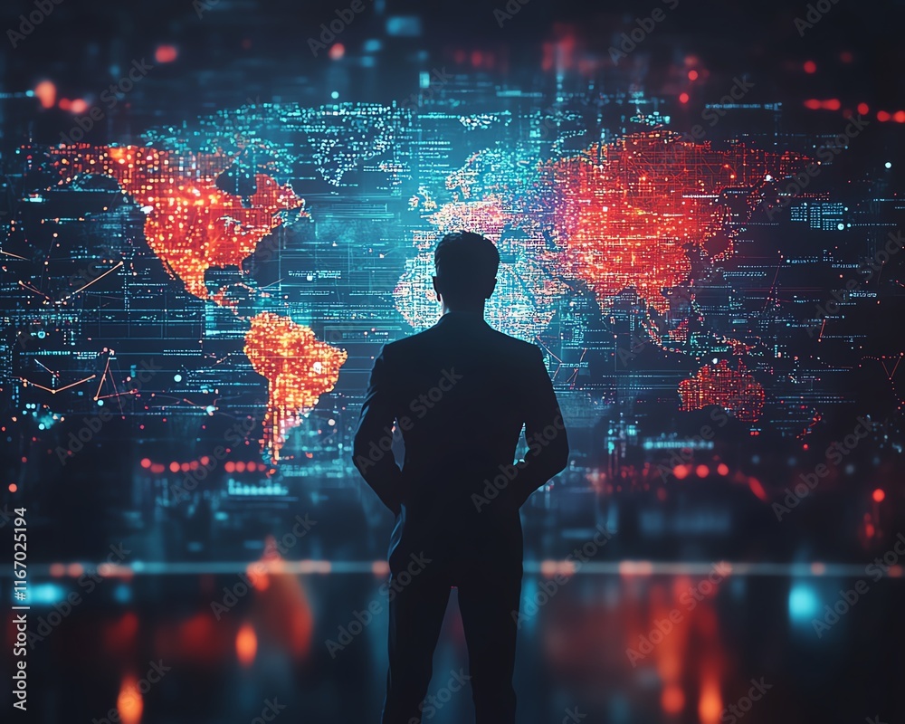 Poster Abstract technology scene showing a businessman interacting with a global business network and data exchanges in cyberspace, emphasizing the power of big data in the digital age