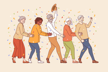 Party of elderly people dancing and standing in row, enjoying retirement and not having to work. Cheerful elderly man and woman together making energetic movements to music at party