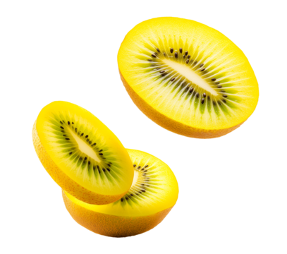 pieces of fresh golden kiwi fruit cut isolated in transparent background, cutout png