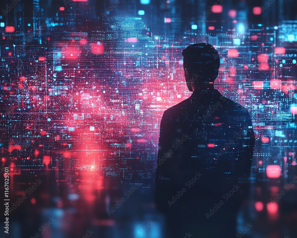 Poster Abstract technology scene showing a businessman interacting with a global business network and data exchanges in cyberspace, emphasizing the power of big data in the digital age