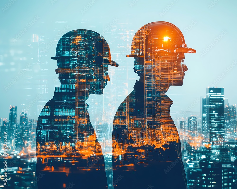 Poster double exposure graphic showcasing engineers working in building construction, combined with smart i