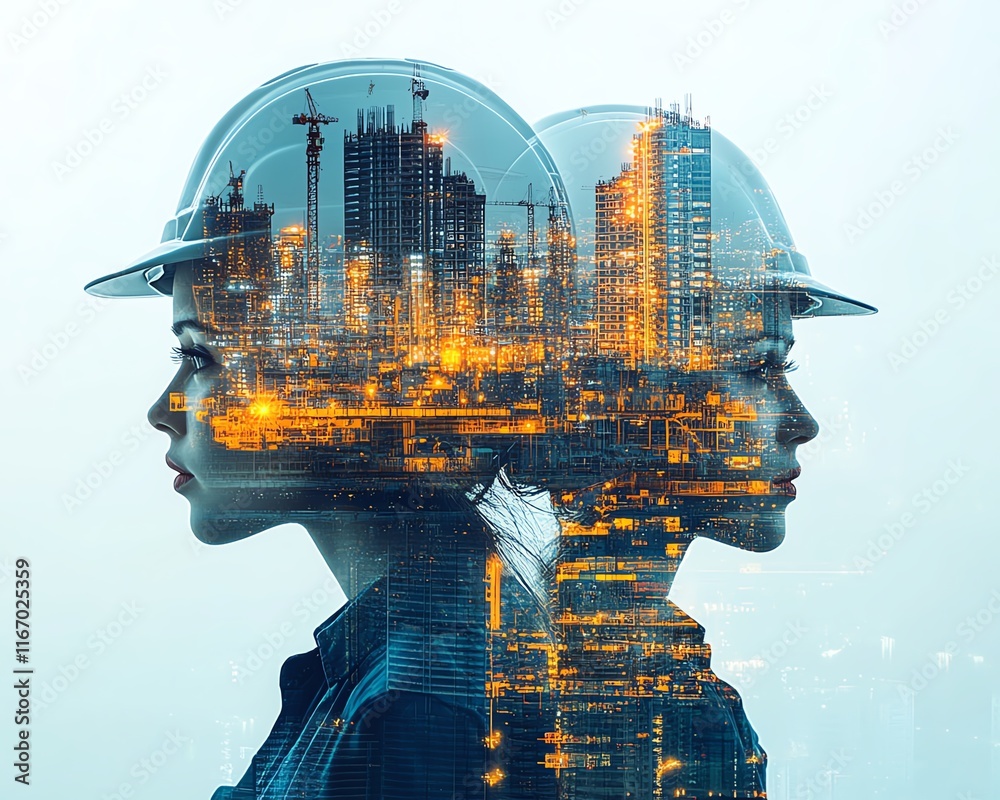 Poster double exposure graphic showcasing engineers working in building construction, combined with smart i