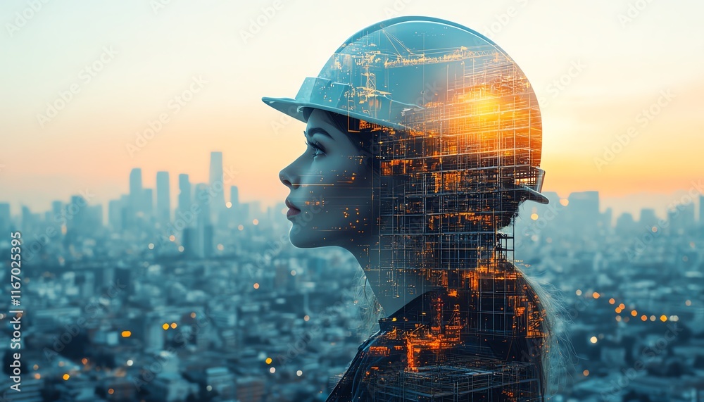 Poster double exposure graphic of engineers in building construction, integrated with smart industry techno