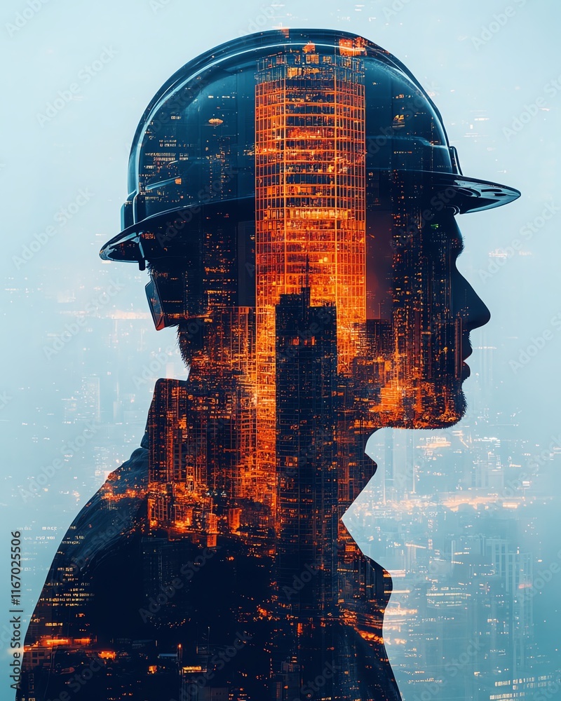 Poster double exposure image showcasing engineers in building construction