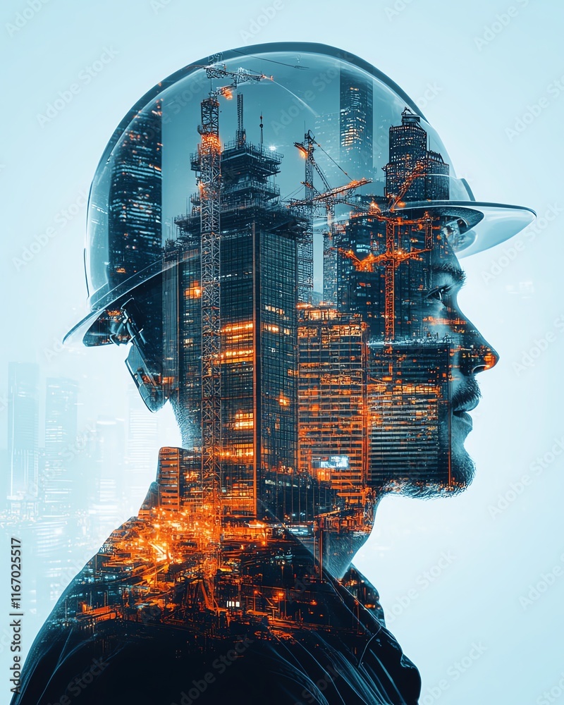 Poster Double exposure image showcasing engineers in building construction