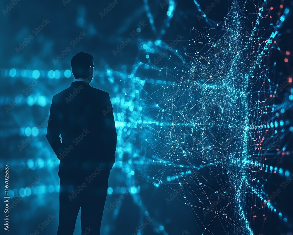 Poster Futuristic abstract background with a businessman interacting with global business networks and data exchanges