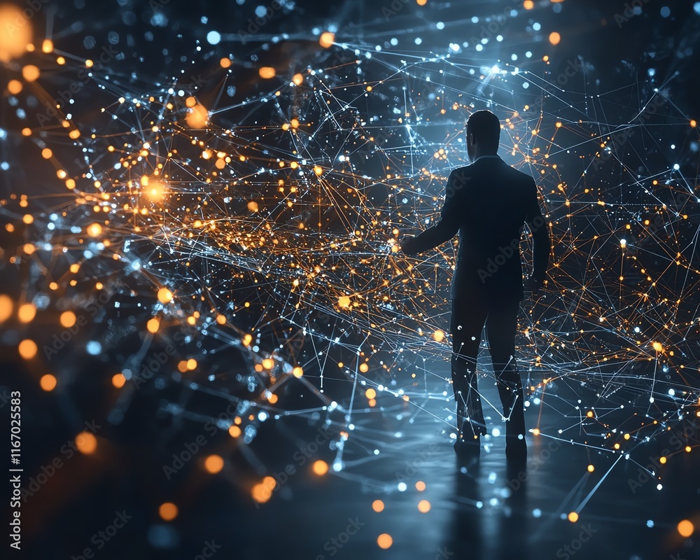 Poster Futuristic abstract background with a businessman interacting with global business networks and data exchanges