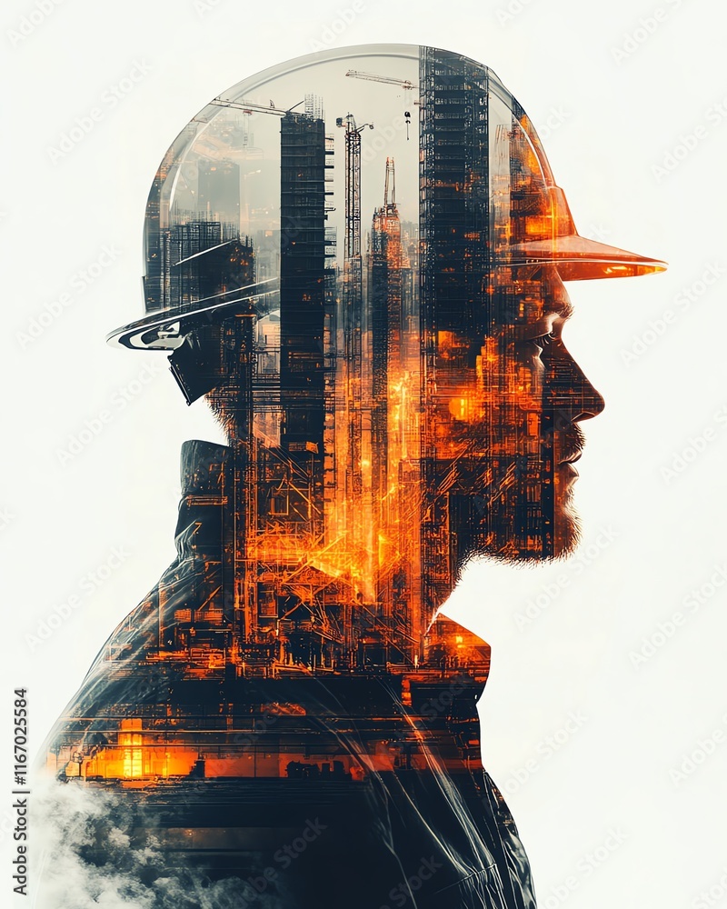 Poster Double exposure image showcasing engineers in building construction