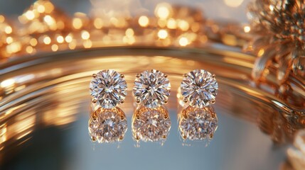 Fototapeta premium Three shimmering diamond earrings are arranged neatly on a reflective surface, surrounded by a warm golden bokeh, enhancing their brilliance and allure