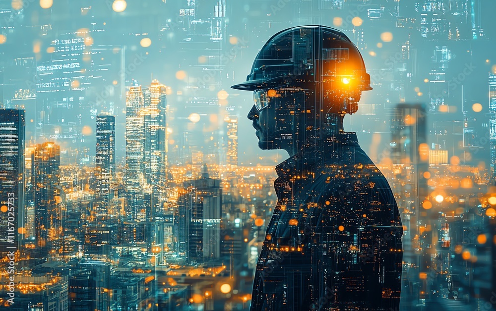 Poster Futuristic building construction engineering scene with double exposure of engineers at work and advanced smart industry technology, representing innovation in construction
