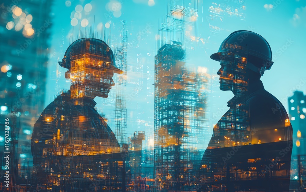 Poster Futuristic building construction engineering scene with double exposure of engineers at work and advanced smart industry technology, representing innovation in construction