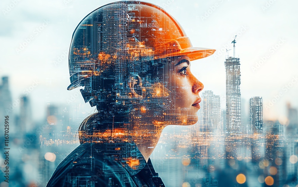 Poster futuristic construction engineering scene featuring double exposure of engineers and smart industry 
