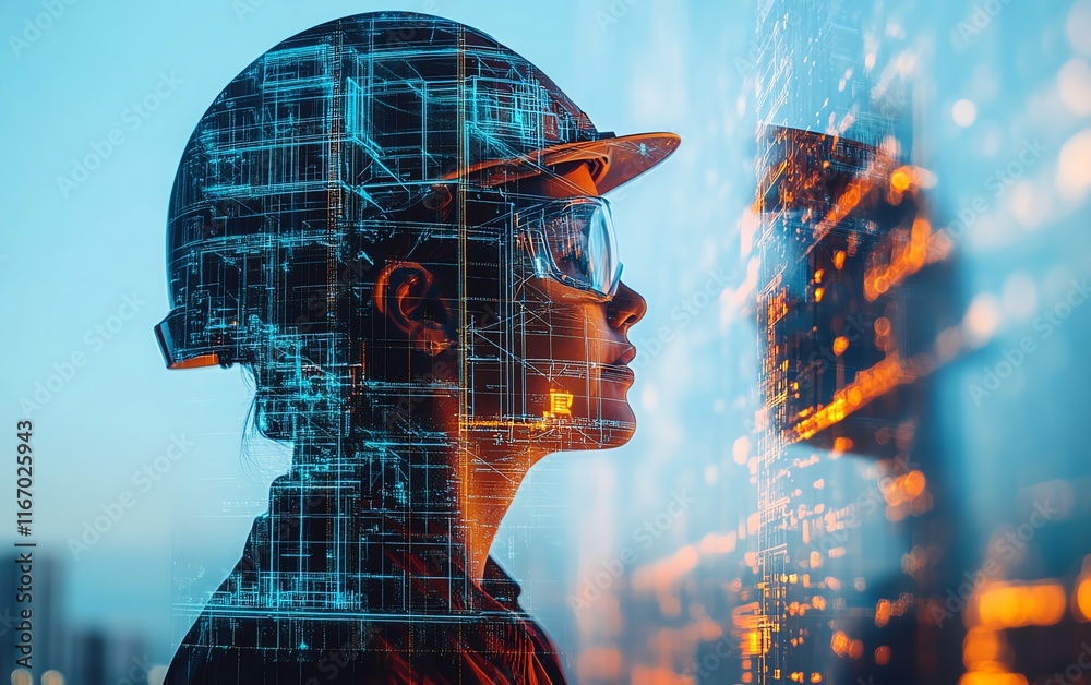 Poster futuristic construction engineering scene featuring double exposure of engineers and smart industry 