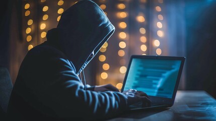 Mysterious hooded figure silhouetted in the dark working intently on a laptop computer conveying the concept of cybercrime data theft and online security risks in the digital age