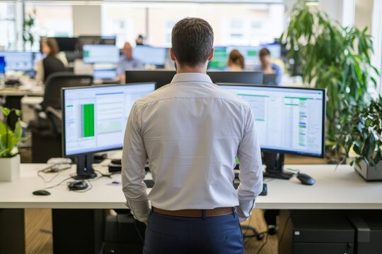 Rear view of a successful businessman in a modern hedge fund office with real time stock monitors - Powered by Adobe