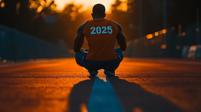 A motivational portrait of a focused athlete kneeling on the "2025" line - Powered by Adobe