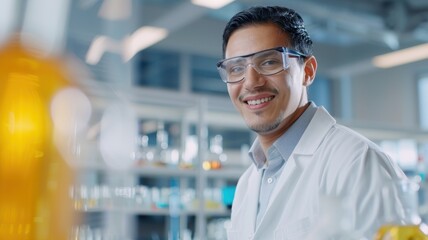 A smiling scientist in a lab coat and safety glasses stands in a laboratory filled with glassware, showcasing a positive and professional atmosphere.