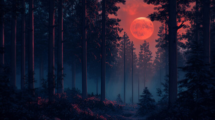 Dark forest scene with a red moon illuminating the night sky