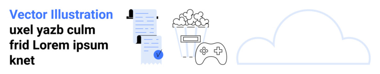 Checklist with person icons, bucket of popcorn, game controller, and large cloud outline. Ideal for productivity apps, project management, entertainment, cloud services, digital themes, apps