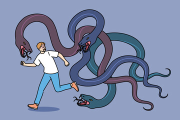 Giant snakes chase frightened man suffering from panic attacks caused by schizophrenia. Fantastic monster from big snakes attacked guy who saw terrible hallucinations after taking drugs © Dzianis Vasilyeu