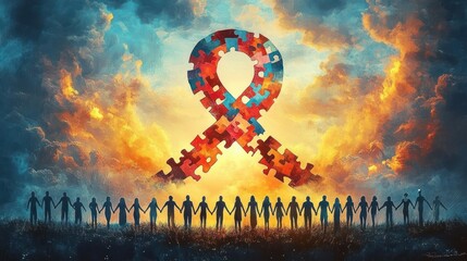 Autism Awareness Puzzle Ribbon with Diverse Silhouettes in Supportive Community