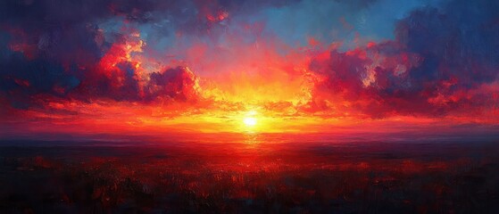 Fototapeta premium Dramatic Sunset Sky with Vibrant Colors Blending Blue Orange Yellow and Scenic Clouds