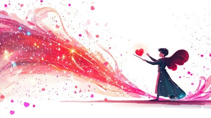 Fototapeta premium A young child with wings stands confidently, using a wand to generate a dazzling stream of colorful sparkles and heart-shaped light in a magical realm