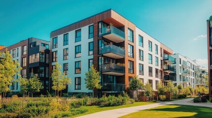 Modern block of flats in a green area. residential apartment with a flat building exterior. luxury house complex. Part of City Real estate property, condo architecture. apartment insurance concept.
