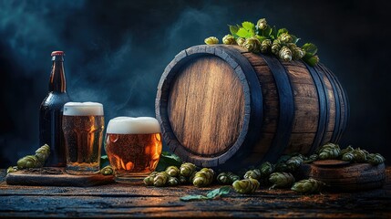 Wooden barrel, beer bottles, glasses, and hops on rustic table.