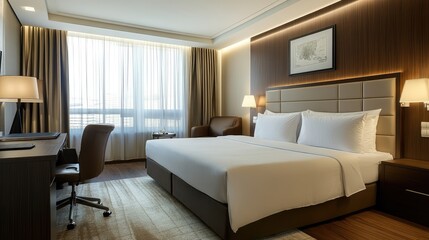 Modern business hotel with conference facilities, spacious rooms, and a prime location in the city's business district