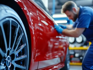 Mechanic repairs luxury red car with blue accents in garage surrounded by tire shelf