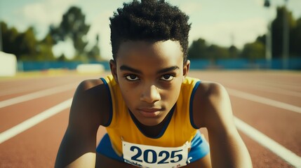 A young athlete adjusting his posture at the starting blocks on a track marked "2025"