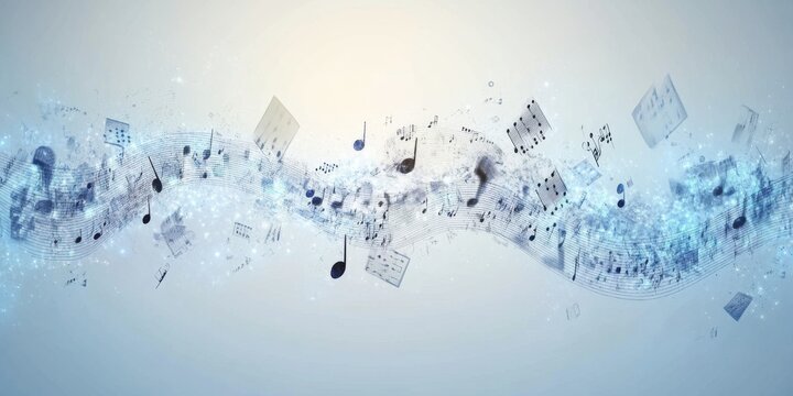 Abstract representation of musical notes swirling through the air, symbolizing harmony and creativity, with soft blue tones enhancing the visual effect