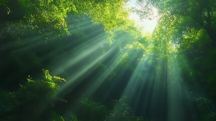 Fototapeta premium Sunbeams Illuminating Lush Forest Canopy