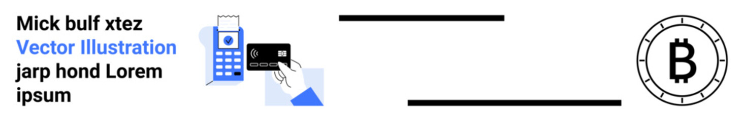 Credit card transaction next to a calculator. Hand holding a card with a small chart. Bitcoin symbol representing cryptocurrency. Ideal for finance, technology, e-commerce, digital transactions
