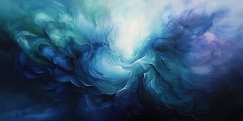 Obraz premium Swirling clouds blend shades of blue and green, creating an ethereal atmosphere. The artwork evokes feelings of tranquility and wonder