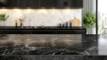 Modern empty dark marble table top or kitchen island on blurry bokeh kitchen room interior background. for montage product display.
