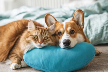 Cat and Dog Relaxing on Blue Heart-Shaped Pillow