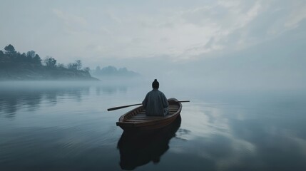 Person rowing a small wooden boat on a misty lake at dawn.