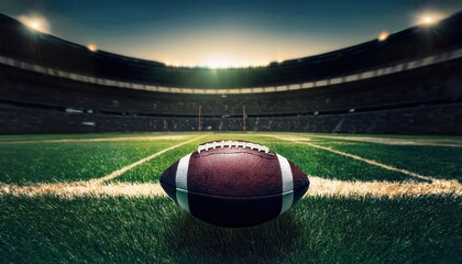Close-Up of American Football on Grass Field Under Stadium Lights at Twilight. Perfect for Super Bowl Game Day Promotions, Sports Advertising Campaigns, Football Equipment Showcases, and NFL Events