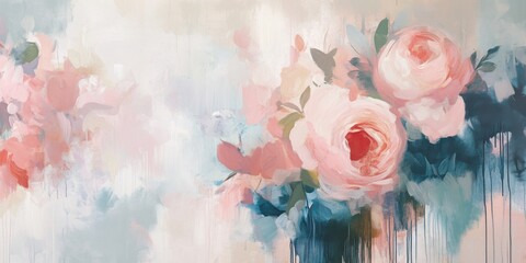 A colorful arrangement of blossoming pink roses is set against a dreamy, abstract background, capturing the essence of floral beauty in modern art